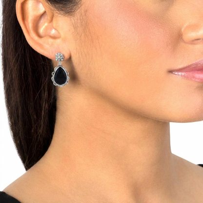  Sterling Silver Black Onyx Pear-Cut Concha Dangle Earrings
