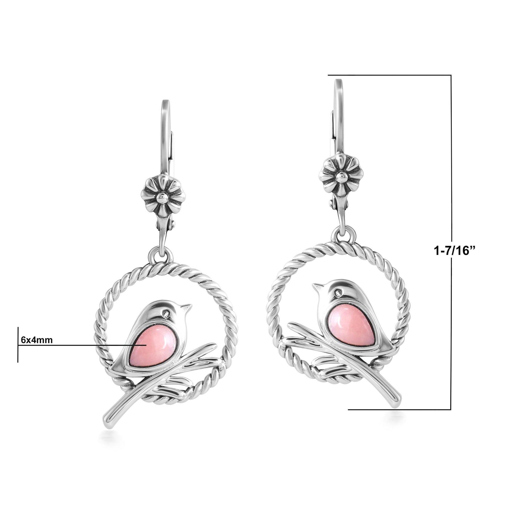 EXCLUSIVELY OURS! Sterling Silver Pink Opal Bird and Branch Open Circle Dangle Earrings