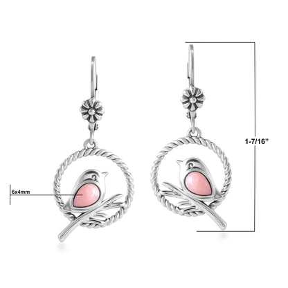 EXCLUSIVELY OURS! Sterling Silver Pink Opal Bird and Branch Open Circle Dangle Earrings
