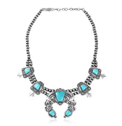 LIMITED EDITION! Sterling Silver Kingman Turquoise Trapezoid Squash Blossom Necklace