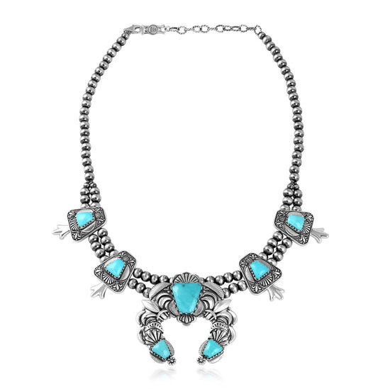 LIMITED EDITION! Sterling Silver Kingman Turquoise Trapezoid Squash Blossom Necklace