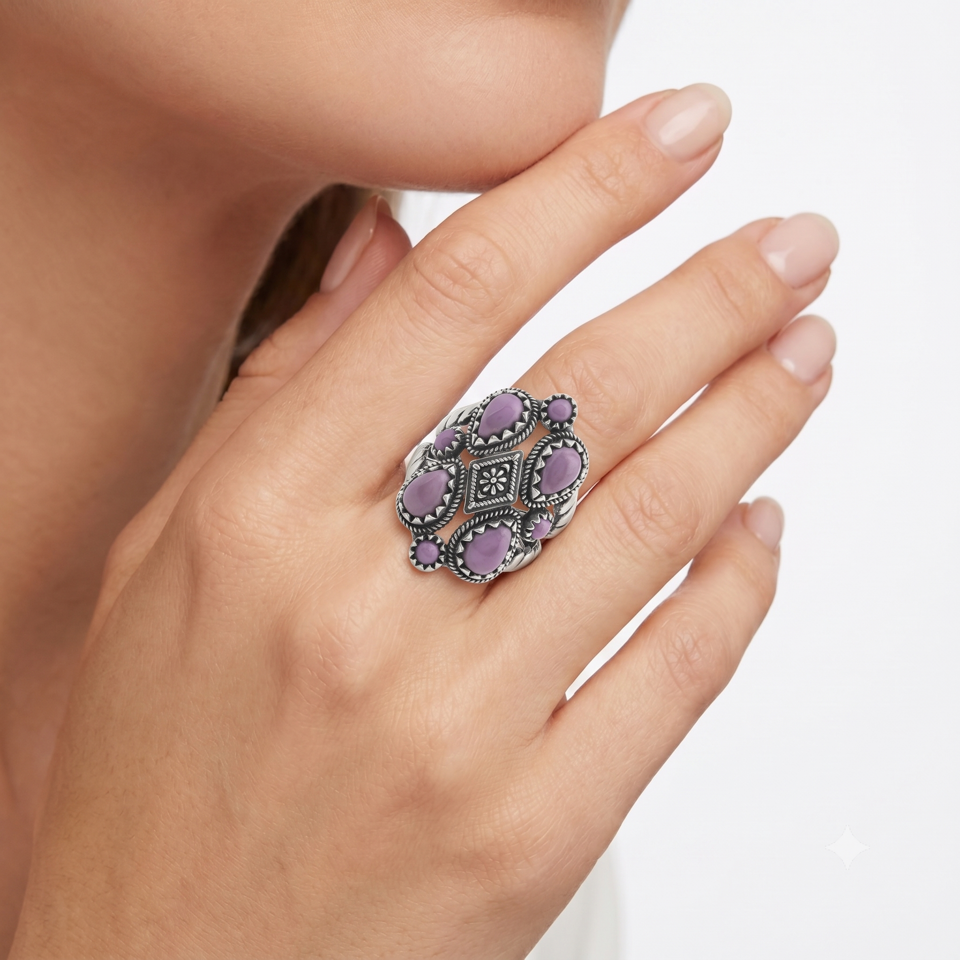 Sterling Silver Phosphosiderite 4 Pear and Round Cut Cluster Ring