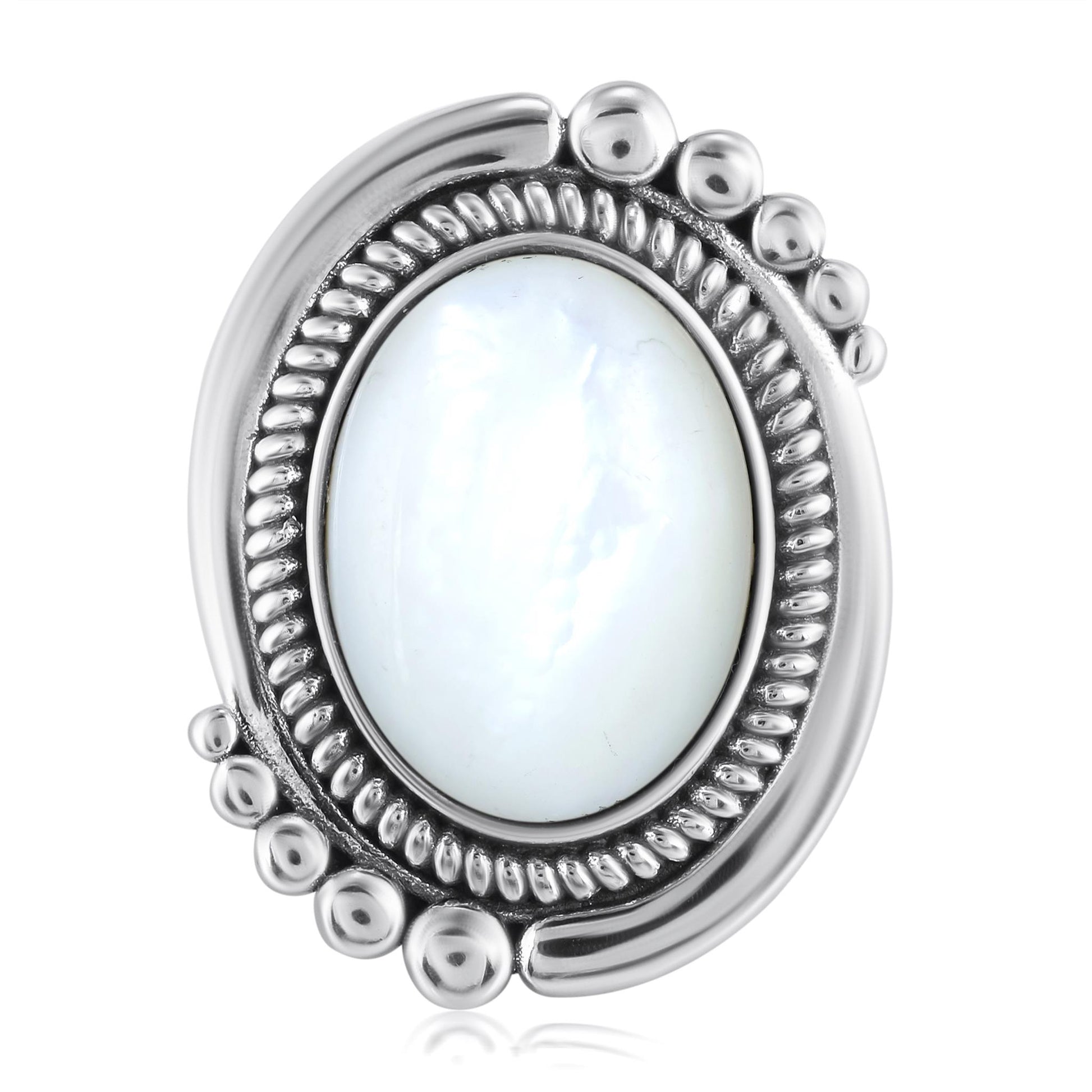 Sterling Silver White Mother of Pearl Oval Beaded Ring