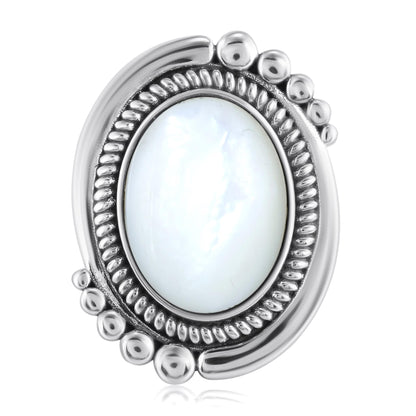 Sterling Silver White Mother of Pearl Oval Beaded Ring