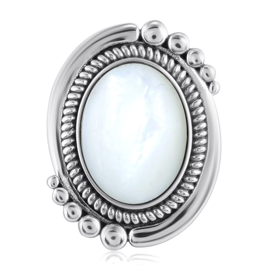 Sterling Silver White Mother of Pearl Oval Beaded Ring