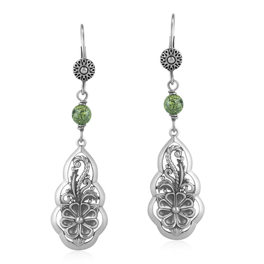 Sterling Silver Serpentine Flower Gemstone Bead Lever Back Earrings