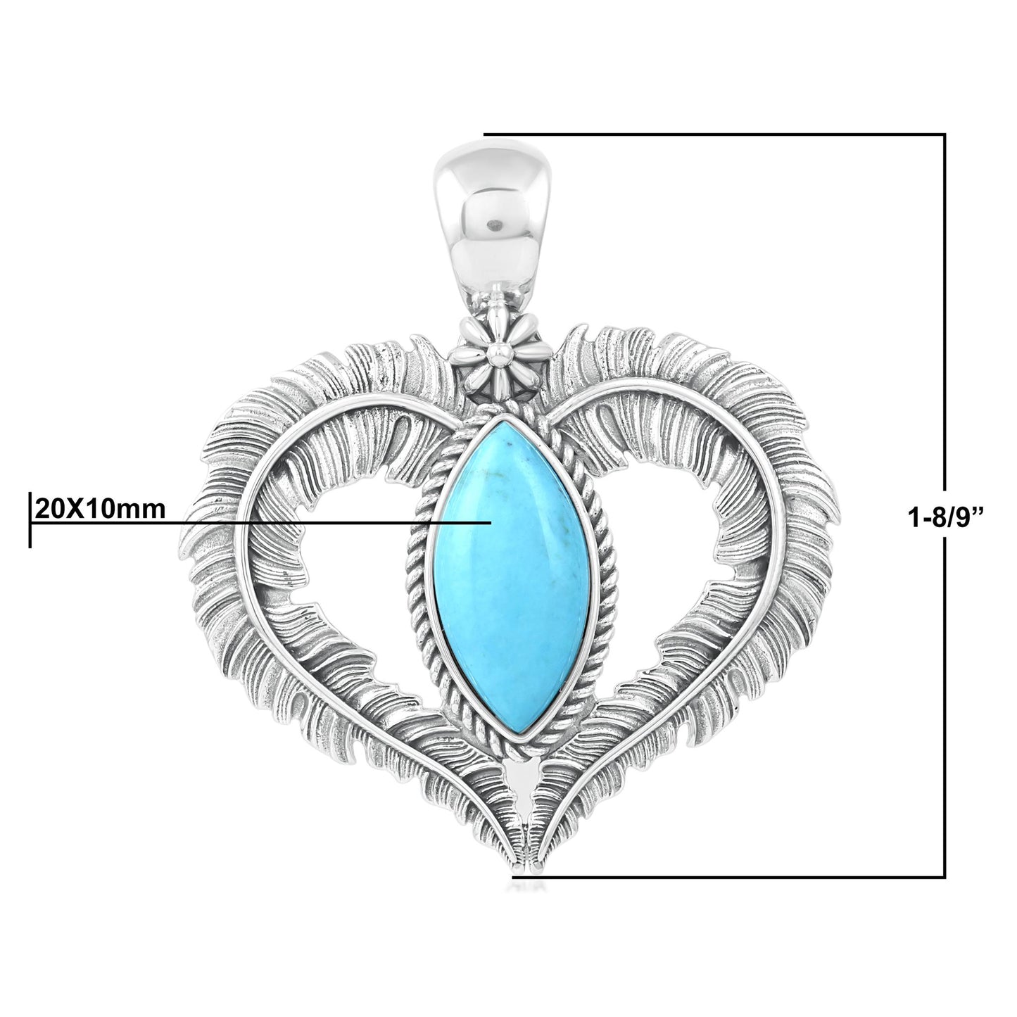Sterliing Silver Kingman Turquoise Feather Heart Pendant Enhancer
