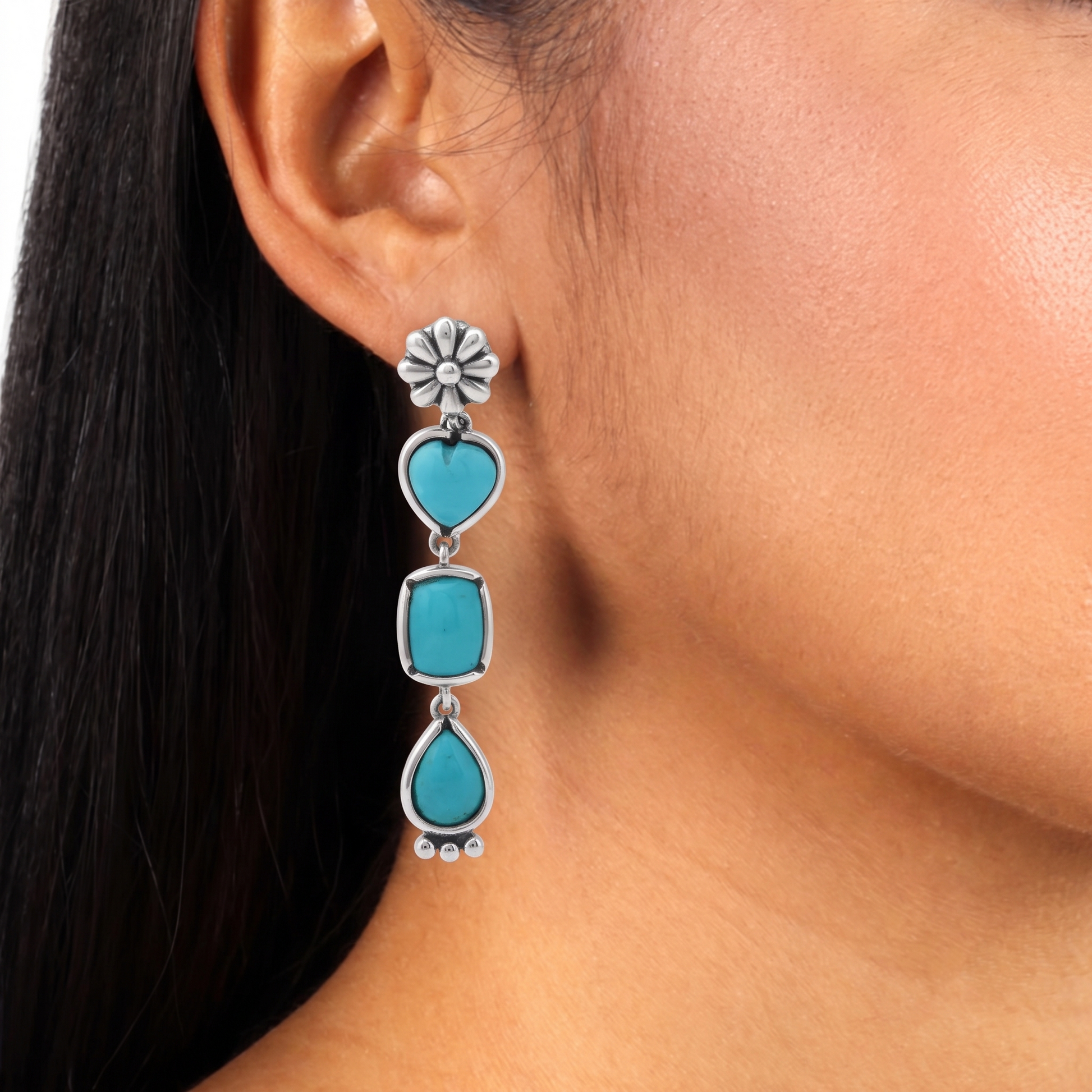 Sterling Silver Kingman Turquoise Gemstone Heart, Rectangle and Pear Concha Post Dangle Earrings 