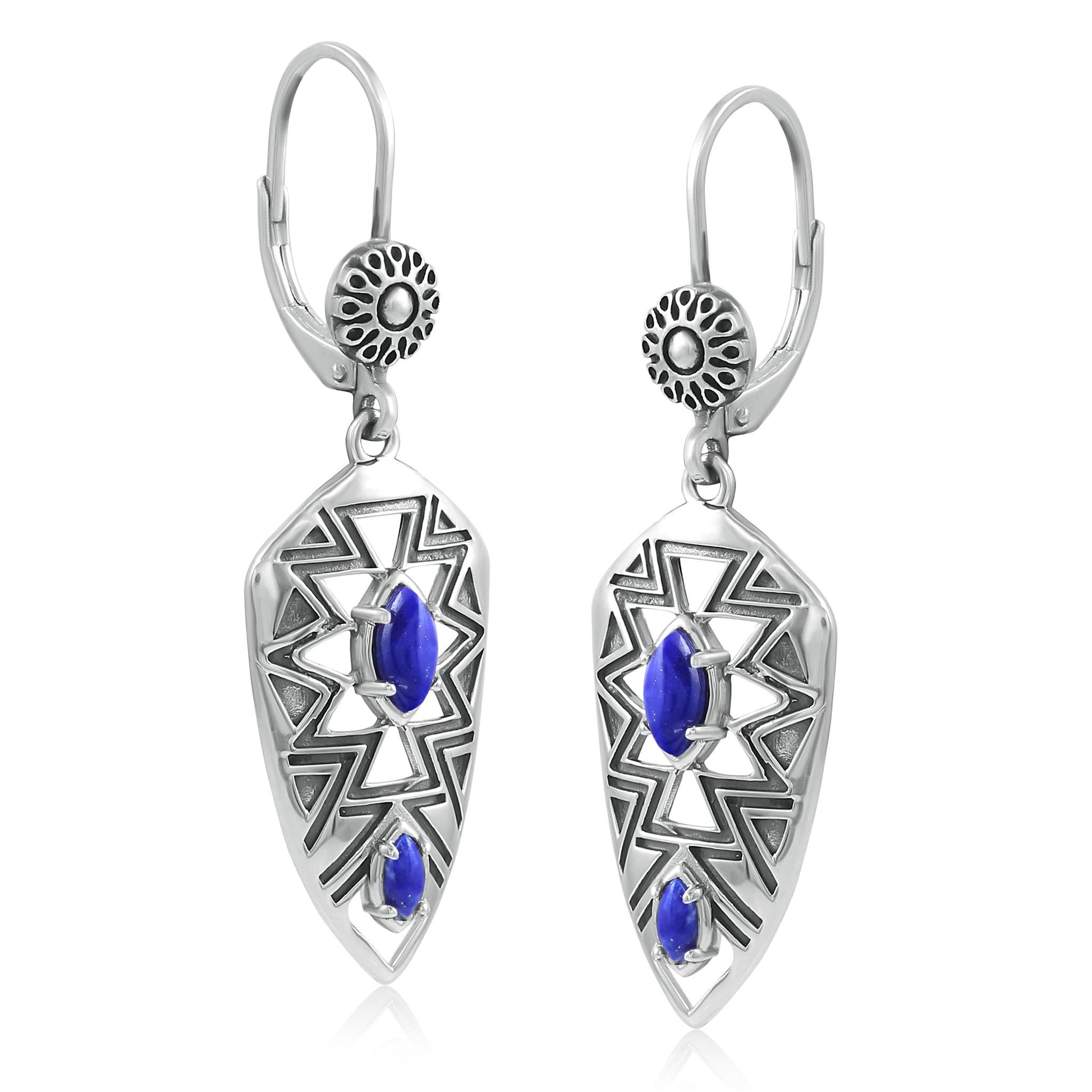 Sterling Silver Marquise Lapis Patterned Lever Back Earrings 