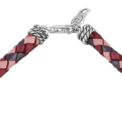 Sterling Silver Charoite and Rhodonite Pink Tonal Braided Leather 3-Stone Necklace