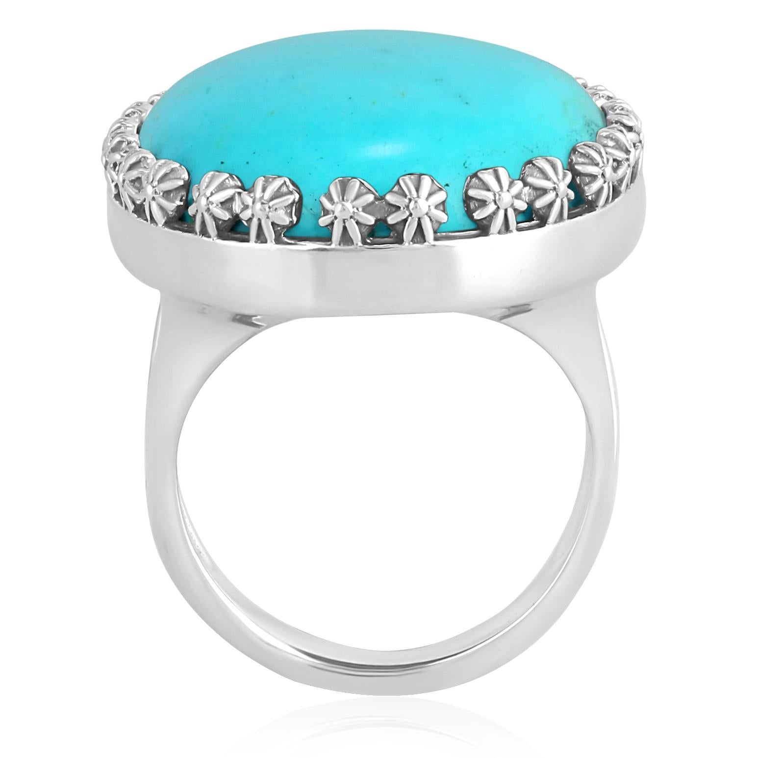 Sterling Silver Kingman Turquoise Concha Flower Border Oval Cut Ring, Sizes 5 to 10