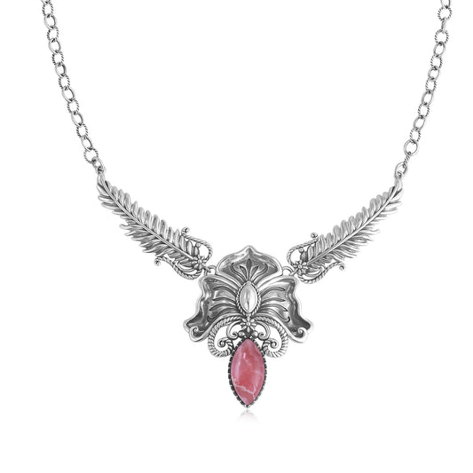 Sterling Silver Rhodochrosite Cactus Flower Marquise Feather Necklace 