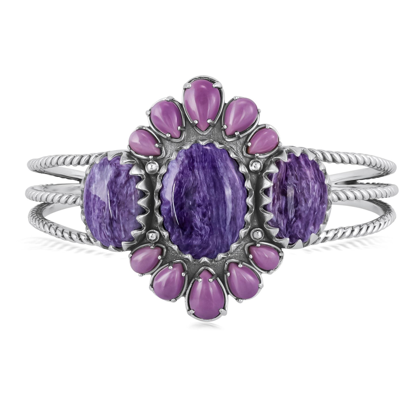 EXCLUSIVELY OURS! Sterling Silver Oval Charoite and Pear Phosphosiderite Cuff Bracelet