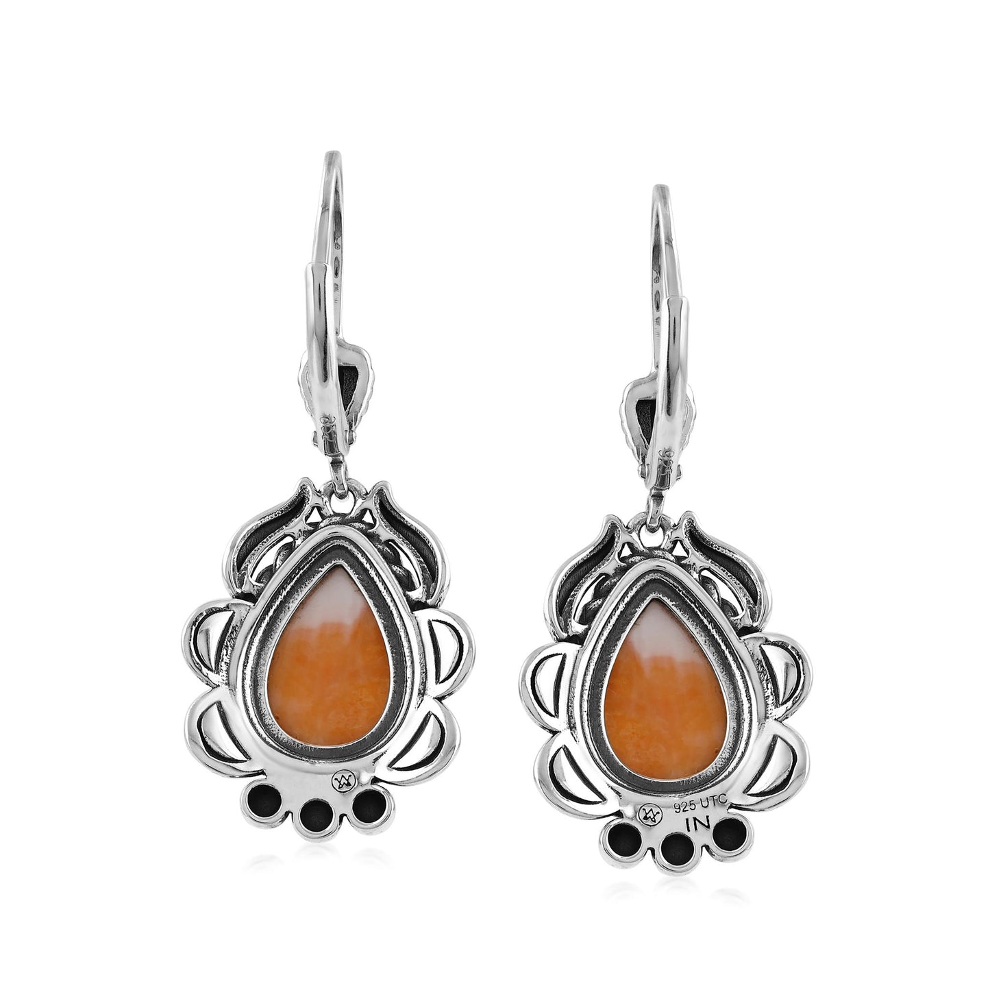 Sterling Silver Orange Spiny Oyster Pear-Cut Rope Design Lever Back Earrings