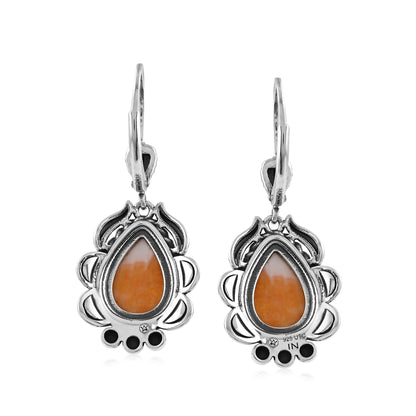 Sterling Silver Orange Spiny Oyster Pear-Cut Rope Design Lever Back Earrings