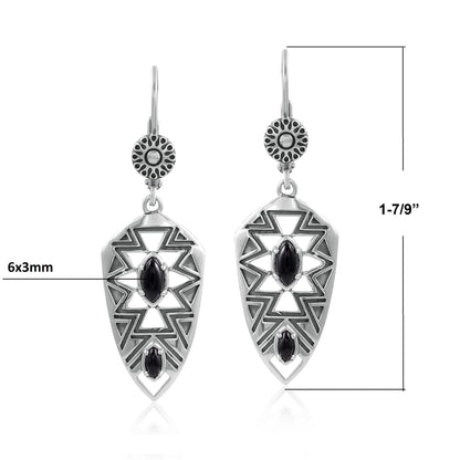Sterling Silver Marquise Black Agate Patterned Lever Back Earrings 