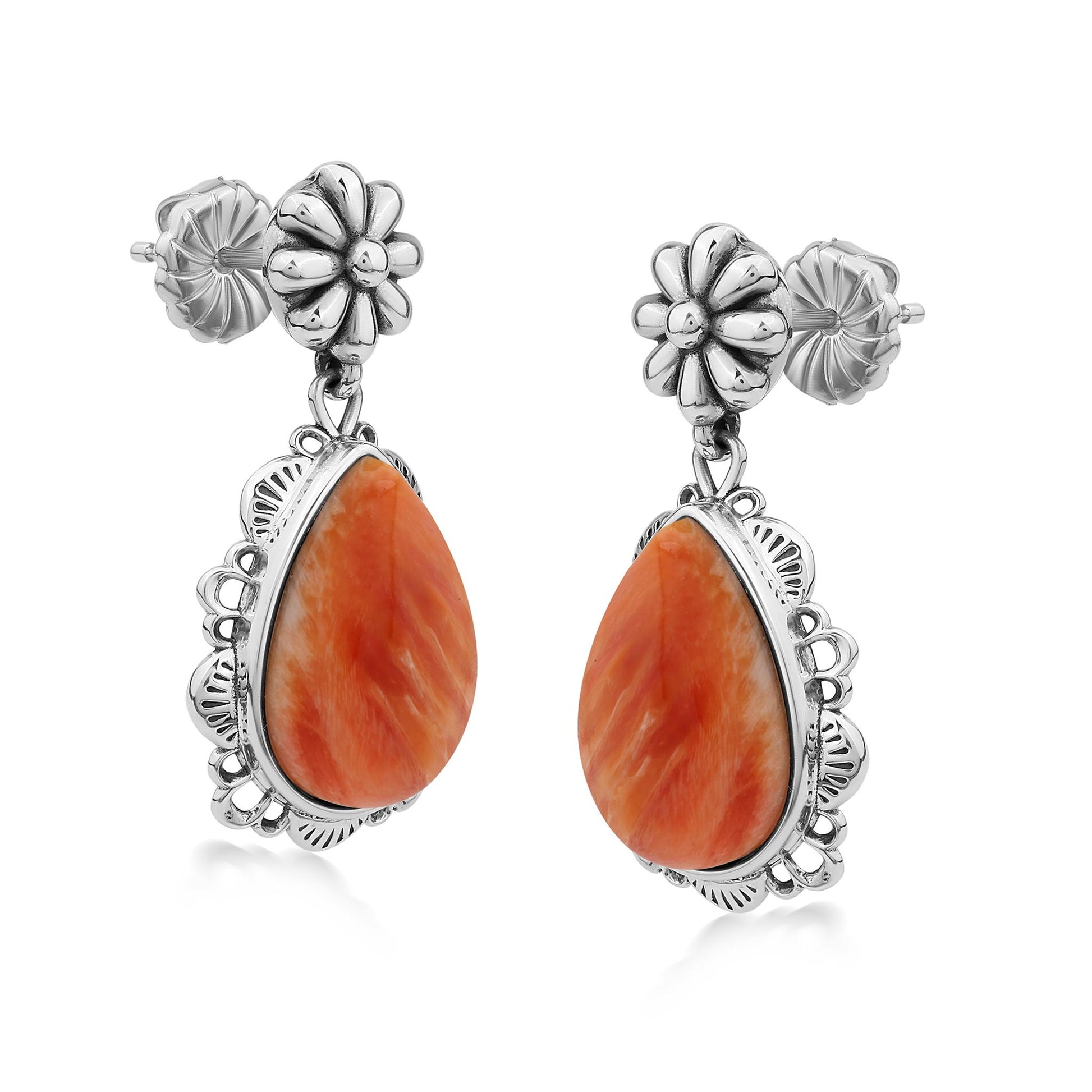  Sterling Silver Orange Spiny Oyster Pear-Cut Concha Dangle Earrings