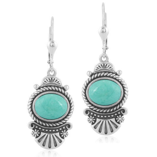 Sterling Silver Oval Green Turquoise Rope Dangle Earrings