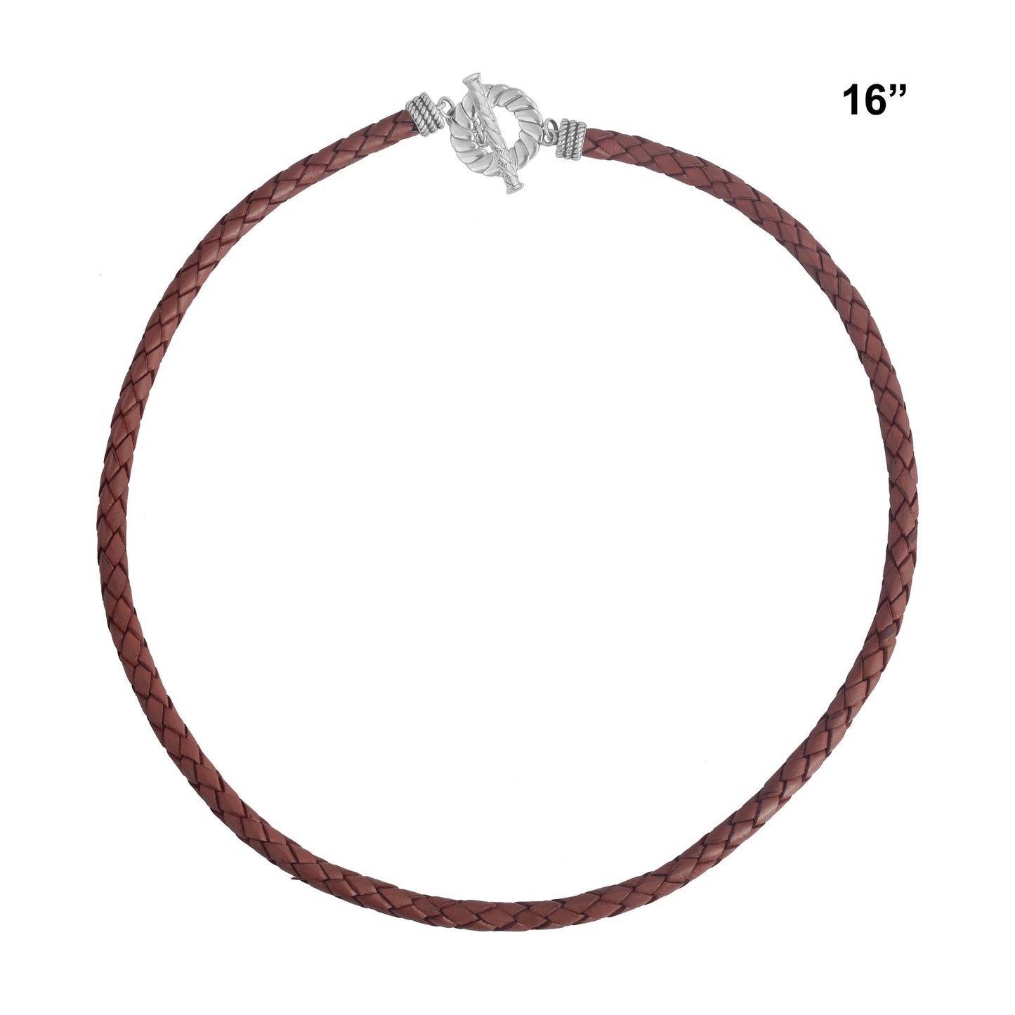 Sterling Silver Braided Rust Leather Toggle Necklace, 16 to 20 Inches