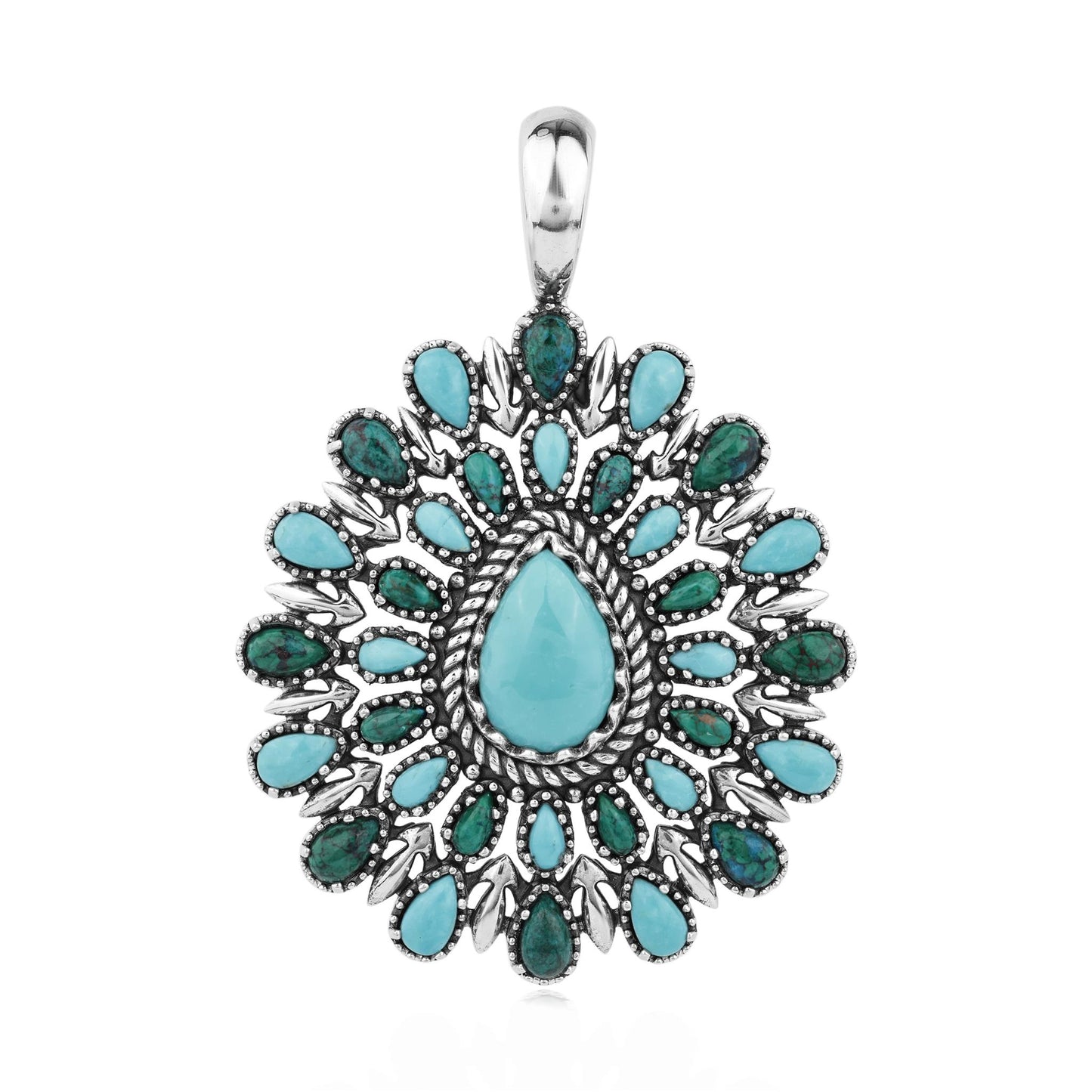 LIMITED EDITION! Sterling Silver Kingman Turquoise and Chrysocolla Pear Cluster Pendant Enhancer