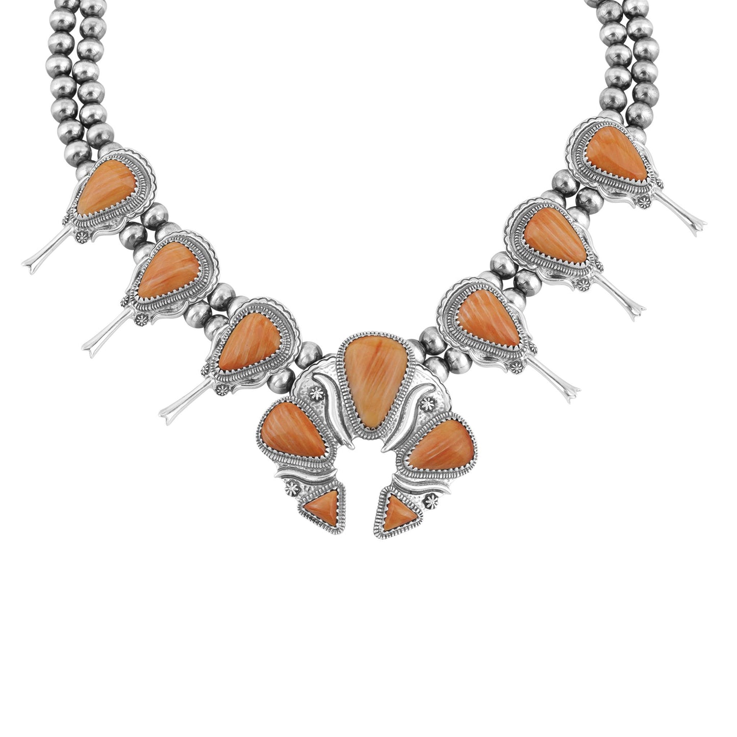 LIMITED EDITION! Sterling Silver Orange Spiny Oyster Large Naja Squash Blossom Necklace