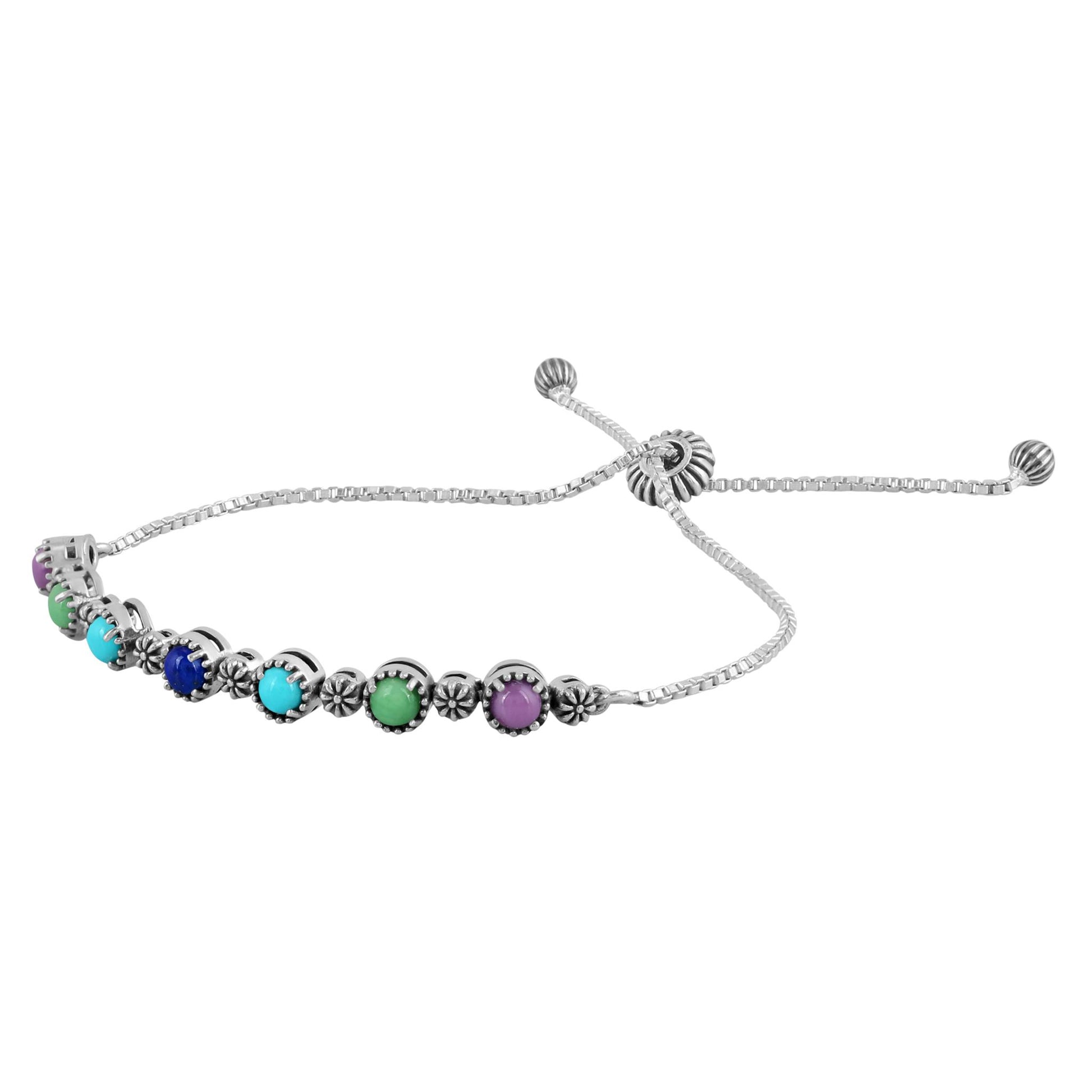 Sterling Silver Phosphosiderite, Turquoise, Variscite and Lapis Adjustable Friendship Bracelet