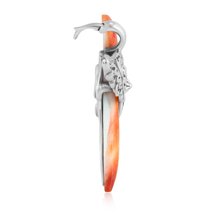 Sterling Silver Orange Spiny Oyster Gemstone Spirit Bird Design Pendant Enhancer