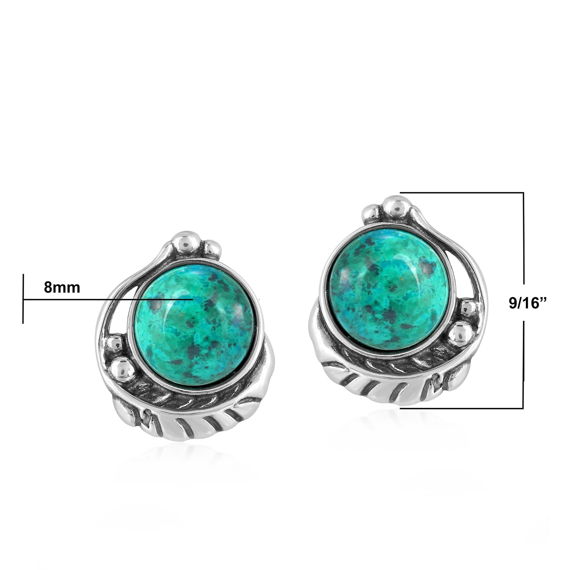 Sterling Silver Chrysocolla Leaf Design Button Earrings