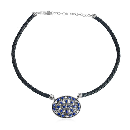 Sterling Silver Lapis Oval Pendant Black Leather Necklace