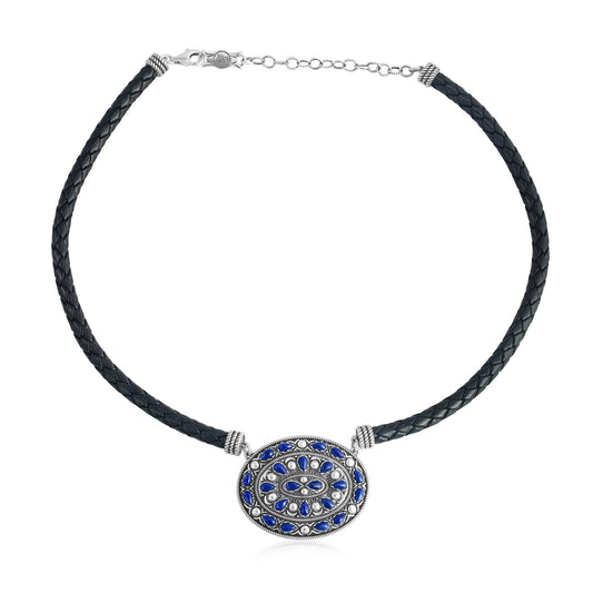 Sterling Silver Lapis Oval Pendant Black Leather Necklace
