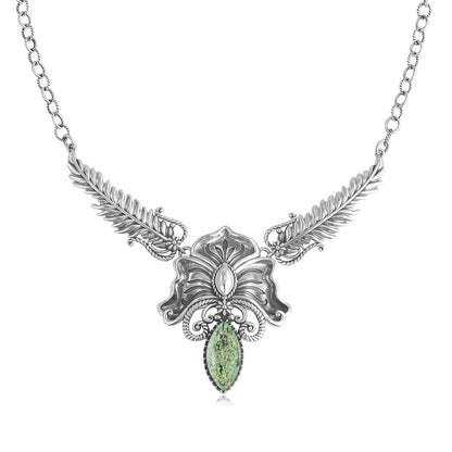 Sterling Silver Serpentine Cactus Flower Marquise Feather Necklace 