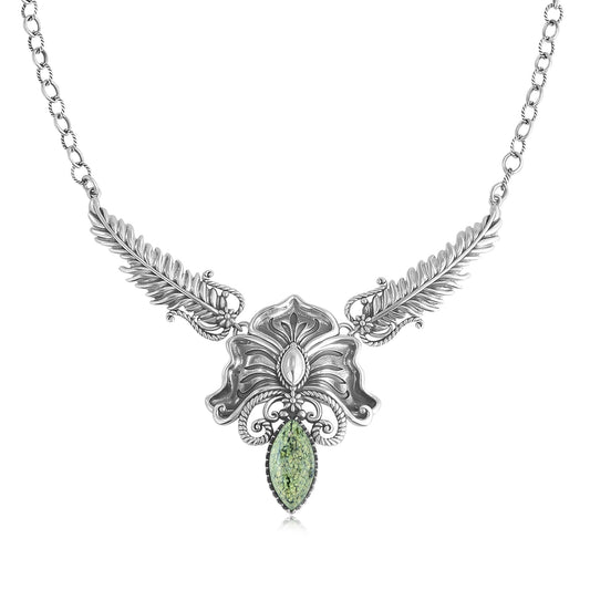 Sterling Silver Serpentine Cactus Flower Marquise Feather Necklace 