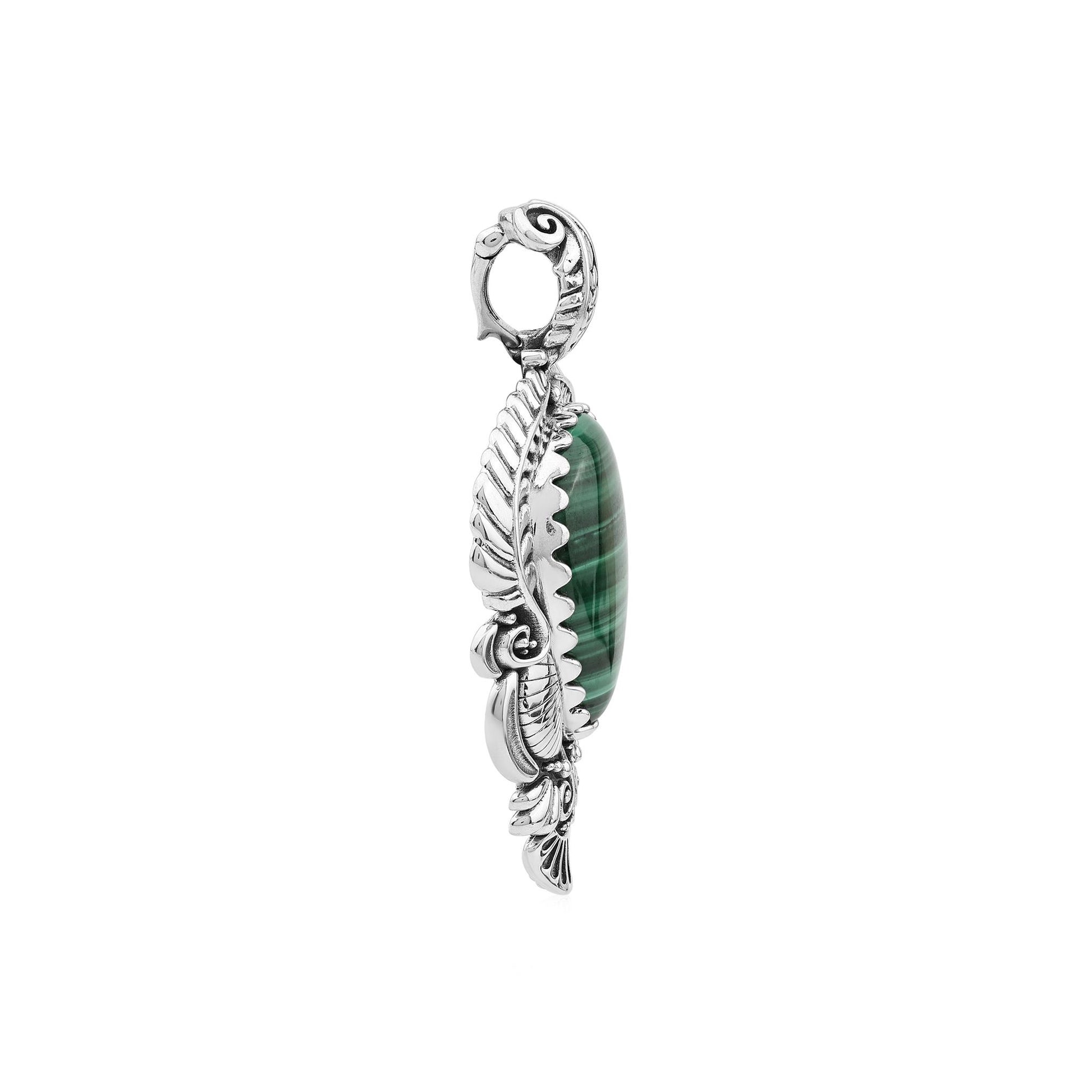 Sterling Silver Malachite Pear Gemstone Leaf Pendant Enhancer 