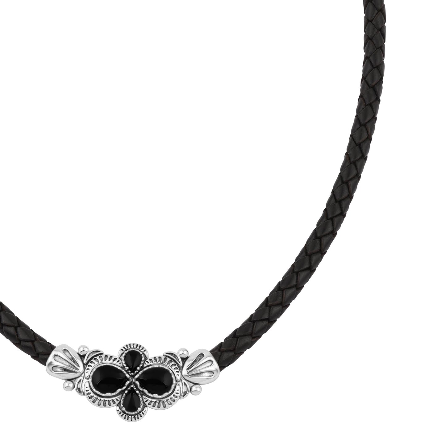  Sterling Silver Black Onyx Pear Cluster Black Leather Necklace 