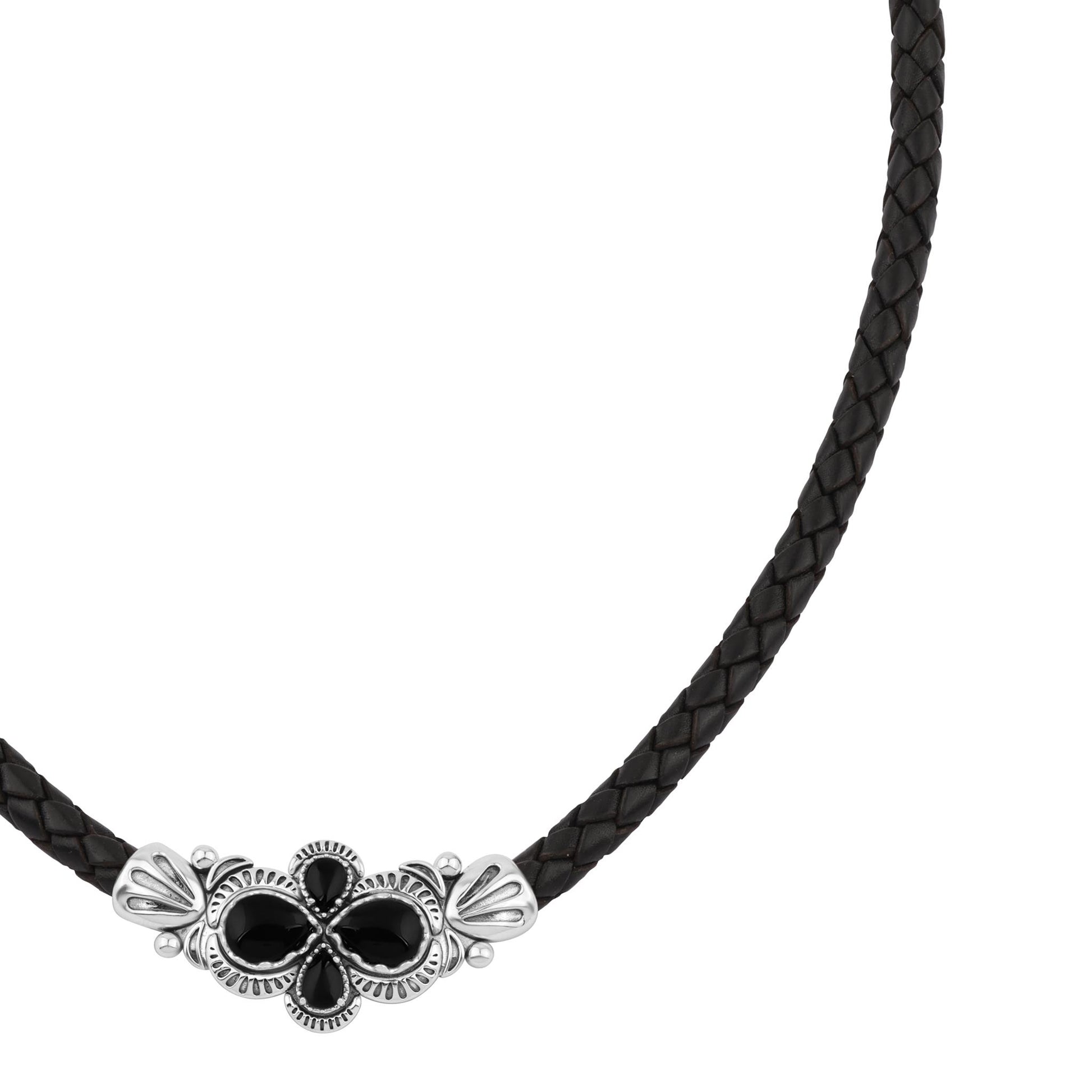 Sterling Silver Black Onyx Pear Cluster Black Leather Necklace 