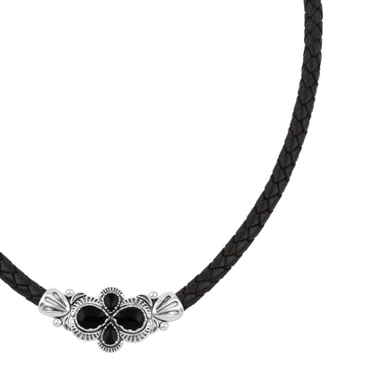  Sterling Silver Black Onyx Pear Cluster Black Leather Necklace 