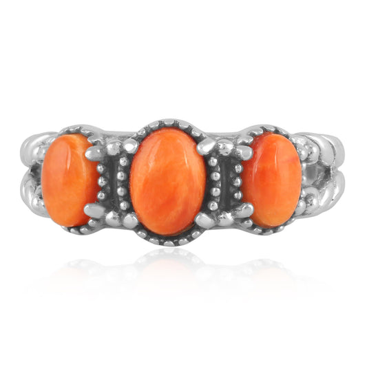 Sterling Silver Orange Spiny Oyster Gemstone 3-Stone Ring, Sizes 5 to 10