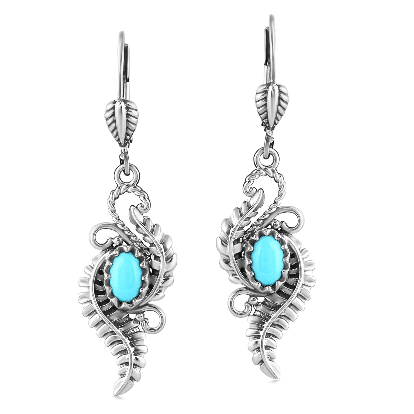 Sterling Silver Sleeping Beauty Turquoise Vine and Leaf Dangle Earrings 