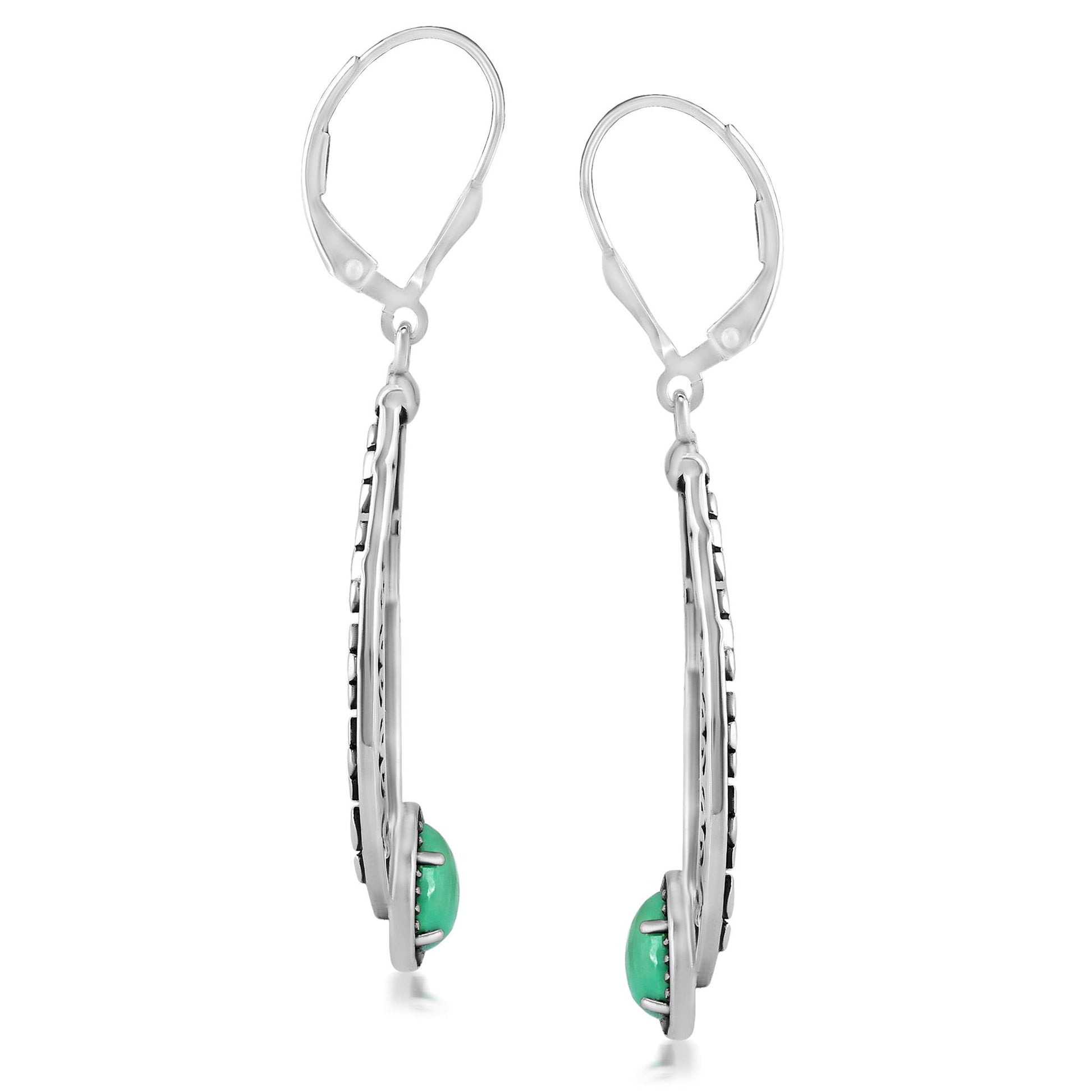 Sterling Silver Green Turquoise Pear-Cut Long Oval Lever Back Dangle Earrings