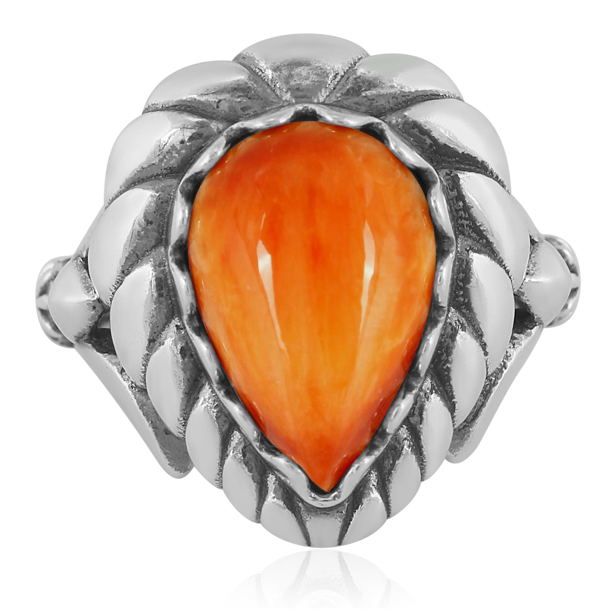 Sterling Silver Orange Spiny Oyster Pear Cut Rope Ring
