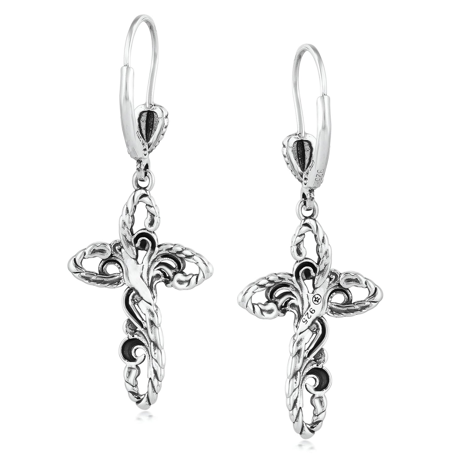 EXCLUSIVELY OURS! Sterling Silver Rope and Filigree Cross Lever Back Dangle Earrings