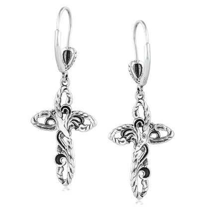 EXCLUSIVELY OURS! Sterling Silver Rope and Filigree Cross Lever Back Dangle Earrings