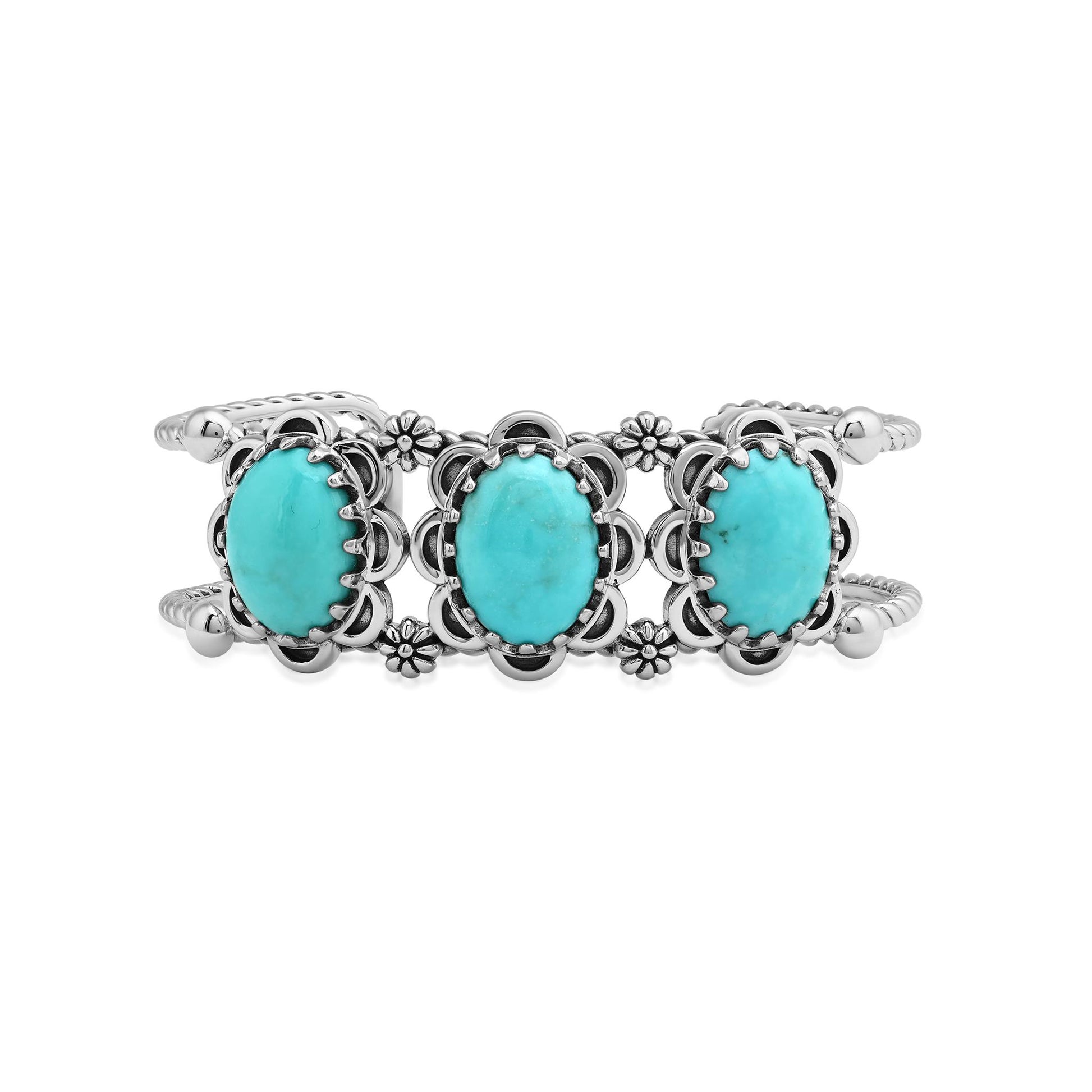 Sterling Silver Kingman Turquoise Oval Scallop Concha Cuff Bracelet