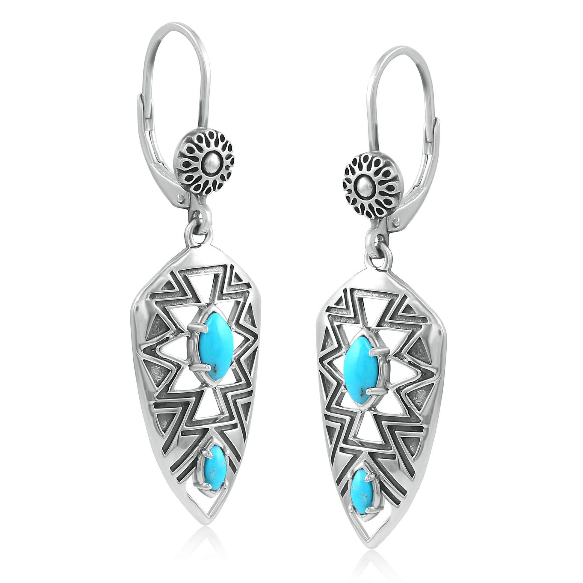 Sterling Silver Marquise Kingman Turquoise Patterned Lever Back Earrings 