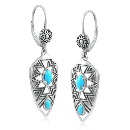 Sterling Silver Marquise Kingman Turquoise Patterned Lever Back Earrings 
