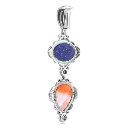 Sterling Silver Pear and Oval Lapis and Orange Spiny Oyster Linear Pendant Enhancer 