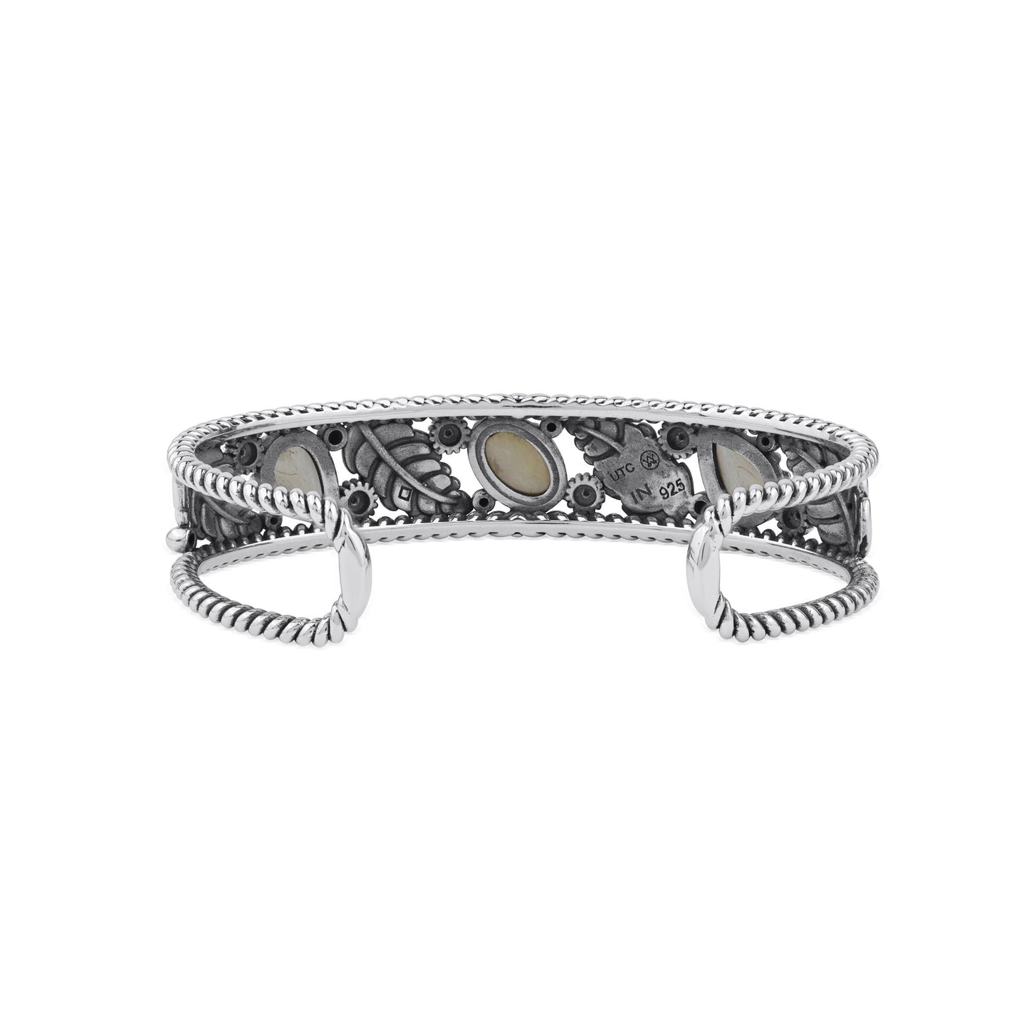  Sterling Silver White Mother of Pearl Oval and Pear Leaf Cuff Bracelet