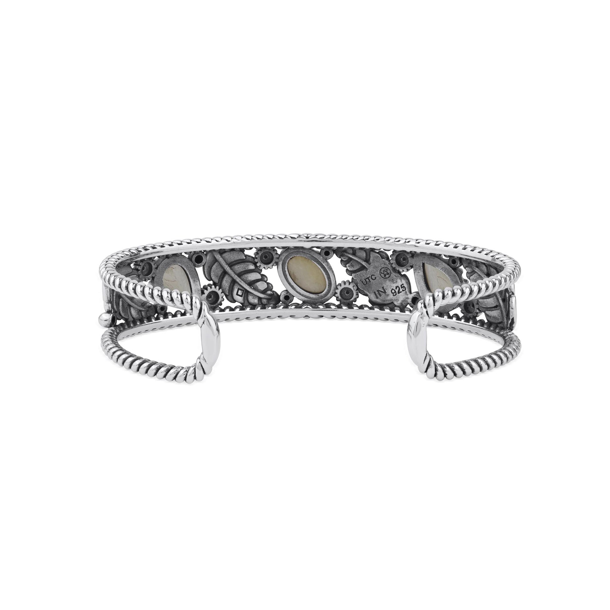  Sterling Silver White Mother of Pearl Oval and Pear Leaf Cuff Bracelet