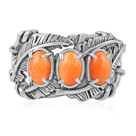 Sterling Silver Orange Spiny Oyster Three Stone Feather Ring