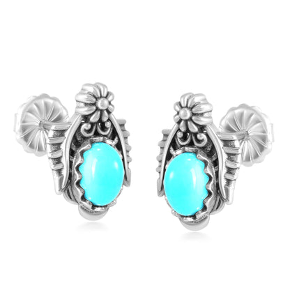 Sterling Silver Sleeping Beauty Turquoise Oval Concha and Leaf Stud Earrings